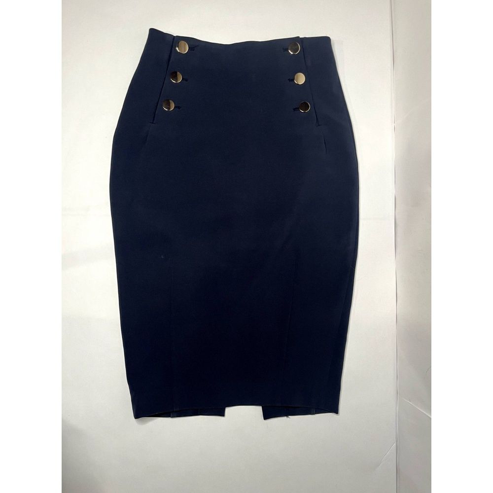 H & M Dark Blue Women's Elegant Pencil Skirt With Gold Buttons